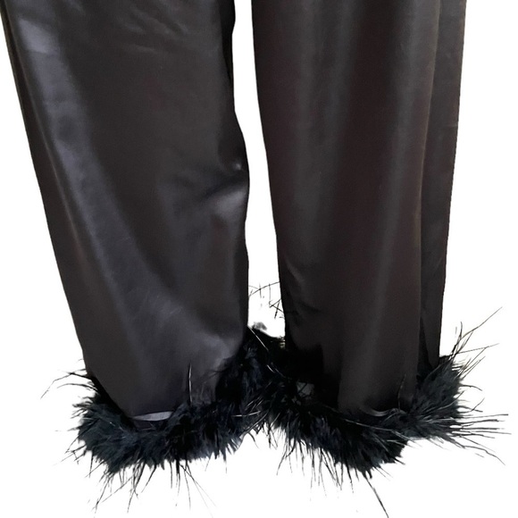 Feather Trimmed Black Satin Pajama Pants Bottoms Elastic Waist Drawstring Sz M - Picture 5 of 16
